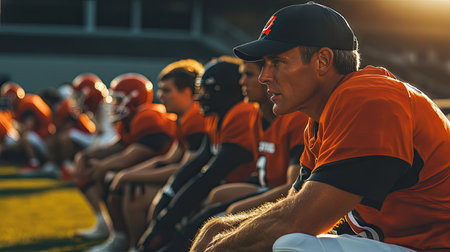 Football coach talking to the team during a timeout, with focus on strategy.の素材