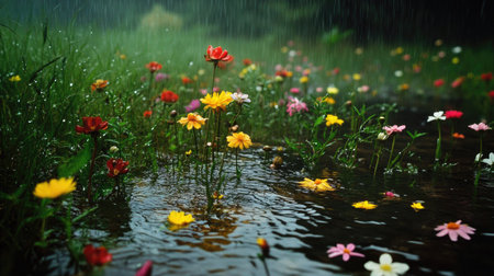 Rain-drenched wildflowers bending slightly under the weight of the water.の素材