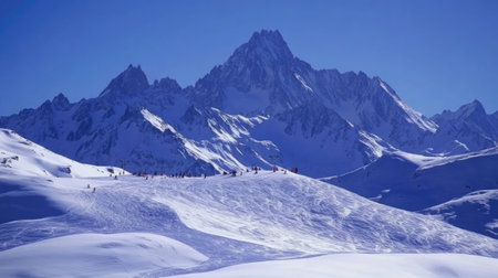 Snow-covered mountains under a bright blue sky, with skiers and snowboarders enjoying the slopesの素材