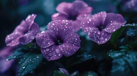 Rain-soaked flowers in a garden, their petals glistening with droplets.の素材