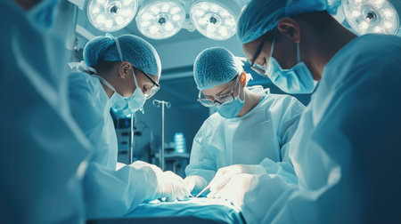 Surgical team working together during cataract surgery, with advanced technology and precision tools in use.の素材