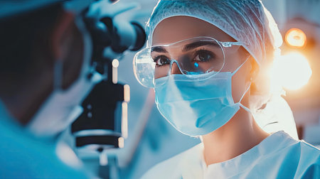 Surgeon carefully performing a delicate cataract surgery procedure under bright operating room lights.の素材