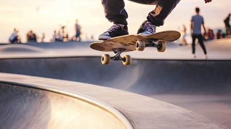 Skateboarder performing a trick in mid-air at a skate park, with focus on balance and skill.の素材