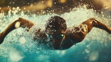 Swimmer diving into the pool, with a splash of water and focus on the athlete form.の素材
