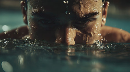 Swimmer emerging from the pool after a race, with water dripping and focus on exhaustion.の素材
