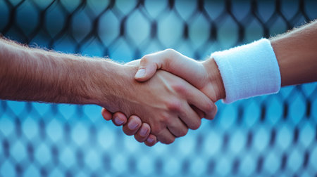 Tennis players shaking hands after a match, with a tennis net in the background.の素材