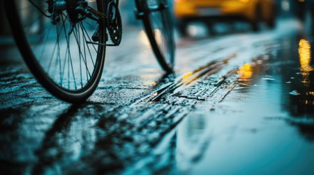 Wet bicycle tires leaving tracks on a rain-soaked street.の素材