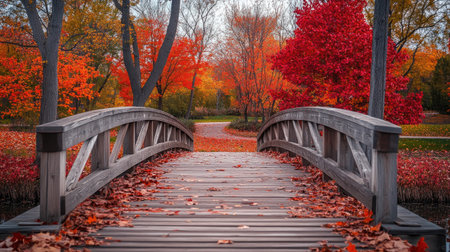 A wooden bridge in the middle of a park, surrounded by vibrant red and orange fall foliage.の素材