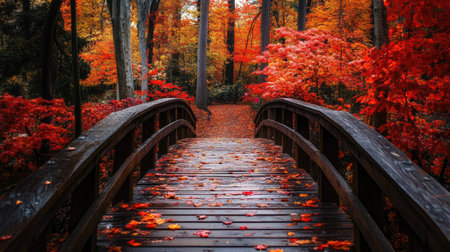 A wooden bridge in the middle of a park, surrounded by vibrant red and orange fall foliage.の素材