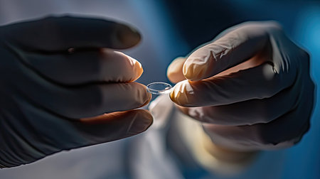 Close-up of a surgeon hands holding a tiny intraocular lens, preparing to insert it during cataract surgery.の素材