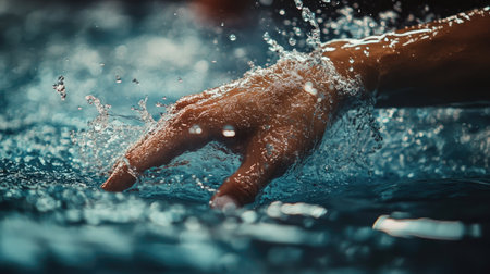 Close-up of a swimmer's hand slicing through the water during a race.の素材