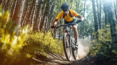 Cyclist racing through a forest trail during a mountain biking competitionの素材