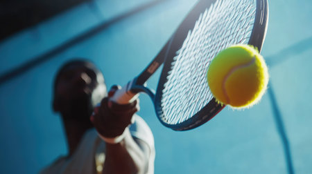Tennis player serving a ball during a match, with focus on the racket and ball in motionの素材