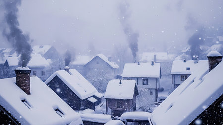 Snow-covered rooftops in a small village, with smoke rising from chimneys and a peaceful winter atmosphere. -の素材
