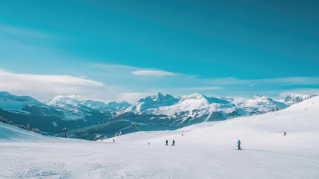 Snow-covered mountains under a bright blue sky, with skiers and snowboarders enjoying the slopesの素材