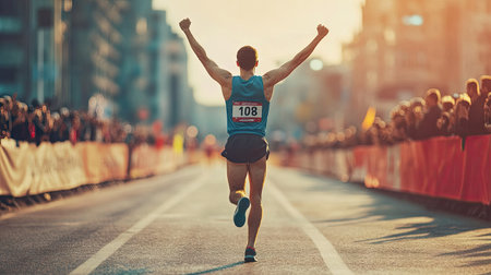 Runner crossing the finish line, raising arms in victory with the crowd cheering.の素材