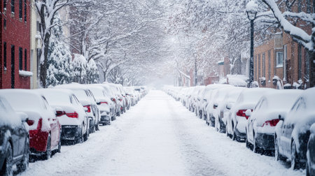 Snow-covered cars parked on a residential street after a heavy snowfall.の素材