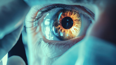 Surgeon carefully performing a delicate cataract surgery procedure under bright operating room lights.の素材