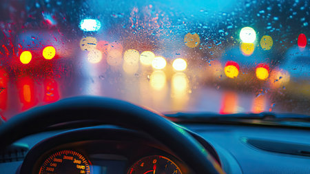 Blurry vision while driving, showing the dangerous impact of cataracts on everyday tasks.の素材