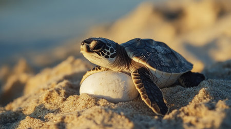 A baby sea turtle hatching from its egg and making its way across the sand to the ocean.の素材