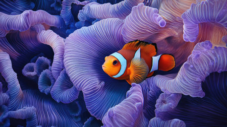 A close-up of a clownfish nestled within the protective arms of a sea anemone.の素材