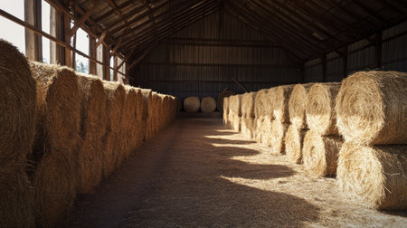 A barn full of fresh hay bales, ready to be used as feed for livestock during the colder months.の素材