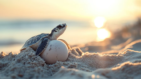 A baby sea turtle hatching from its egg and making its way across the sand to the ocean.の素材