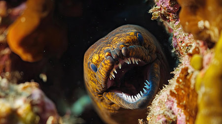 A close-up of a moray eel poking its head out of a coral crevice, its sharp teeth visible.の素材