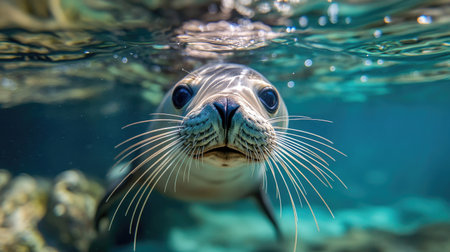 A curious sea lion swimming near the coast, its whiskers and sleek body visible through clear water.の素材