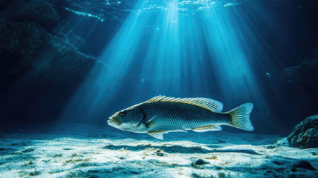 A calm underwater scene featuring a single sea fish resting on the ocean floor, with a soft and natural lightの素材