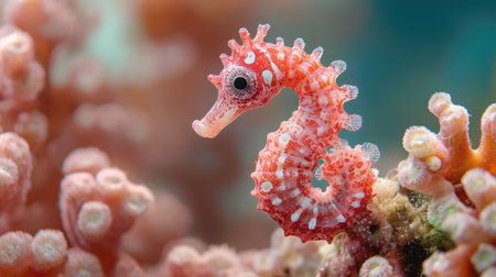A bright and cheerful seahorse clinging to a piece of coral, its delicate features and unique shape clearly visible.の素材