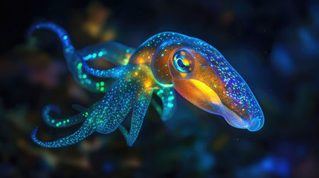 A bioluminescent squid glowing in the dark depths of the ocean.の素材
