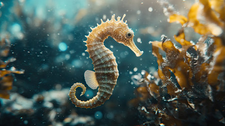 A close-up of a seahorse clinging to a piece of seaweed in the shallow waters of a reef.の素材