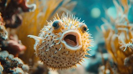 A close-up of a pufferfish puffed up, showcasing its spiky body as a defense mechanism.の素材