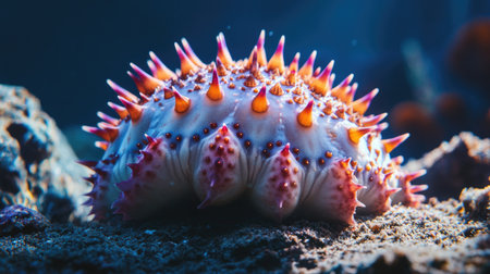 A close-up of a sea urchin resting on the ocean floor, with its spiky exterior and colorful details prominently displayed.の素材