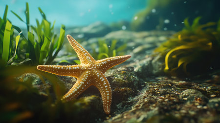A close-up of a starfish on the ocean floor with delicate sea plants in the background.の素材