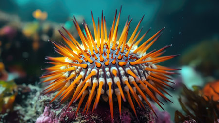 A close-up of a sea urchin resting on the ocean floor, with its spiky exterior and colorful details prominently displayed.の素材