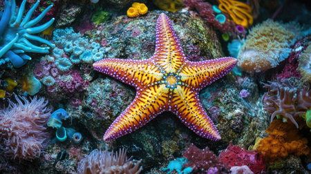 A colorful starfish resting on a rock surrounded by a variety of marine plants.の素材