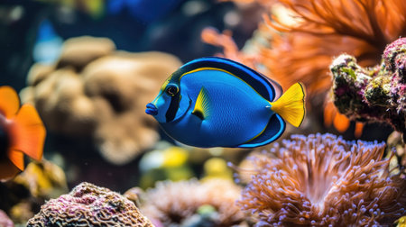 A close-up of a vibrant blue tang fish among coral reefs, its bright colors and striking patterns adding to the underwater allure.の素材