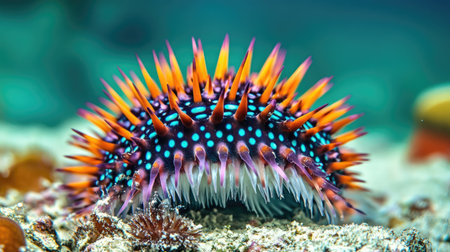 A close-up of a sea urchin resting on the ocean floor, with its spiky exterior and colorful details prominently displayed.の素材