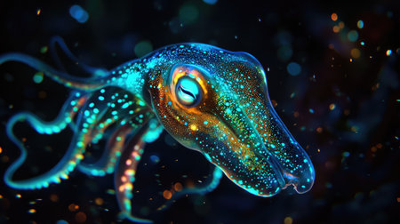 A bioluminescent squid glowing in the dark depths of the ocean.の素材