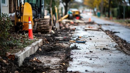 A damaged sidewalk next to a road being repaired, with tools and equipment scattered around.の素材