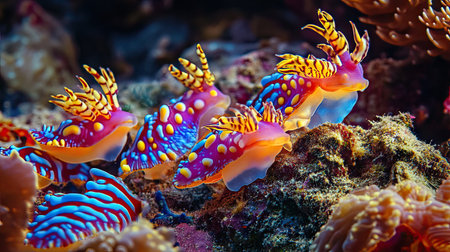 A group of colorful nudibranchs (sea slugs) crawling across the reef, with their vibrant hues and intricate patterns clearly visible.の素材