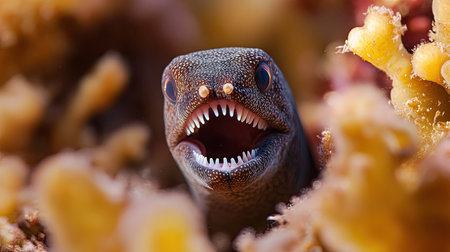 A close-up of a moray eel poking its head out of a coral crevice, its sharp teeth visible.の素材