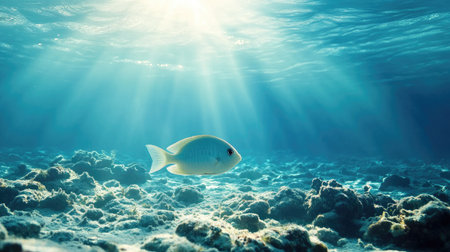 A calm underwater scene featuring a single sea fish resting on the ocean floor, with a soft and natural lightの素材
