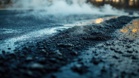 A close-up of hot asphalt being poured onto a road, with steam rising from the surface.の素材
