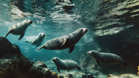 A group of playful seals swimming underwater near a rocky shoreline.の素材