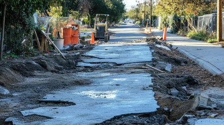 A damaged sidewalk next to a road being repaired, with tools and equipment scattered around.の素材