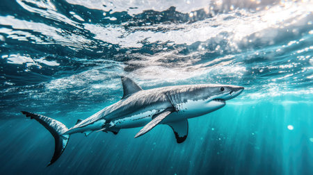 A great white shark swimming close to the ocean surface, its dorsal fin cutting through the water.の素材