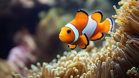 A colorful clownfish darting in and out of a sea anemone, its orange and white stripes vivid against the water.の素材